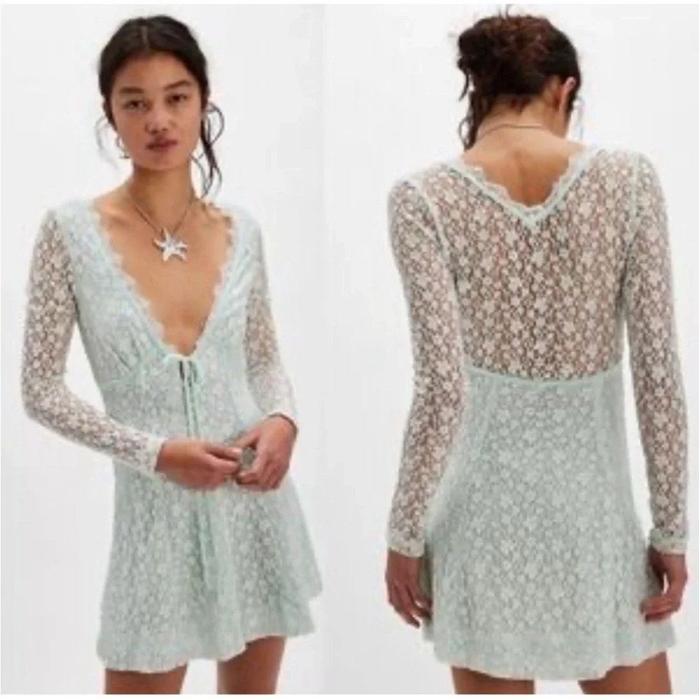 NEW Free People Petra Lace Long Sleeve Mini Dress Billowing Sail Mint